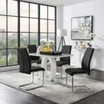 Modern White High Gloss Glass Dining Table Set with 4 Black Cantilever Chairs