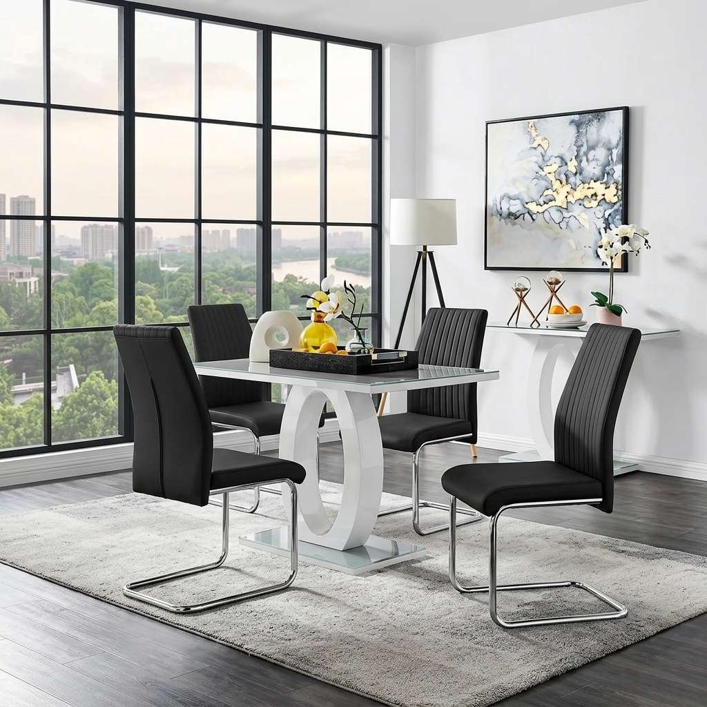 1534226390457675530 Modern White High Gloss Glass Dining Table Set with 4 Black Cantilever Chairs - Image 1