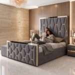 Gold Striped Luxury Royal High Headboard Bed with Gas lift Storage – Luxury Comfort & Smart Space Saving