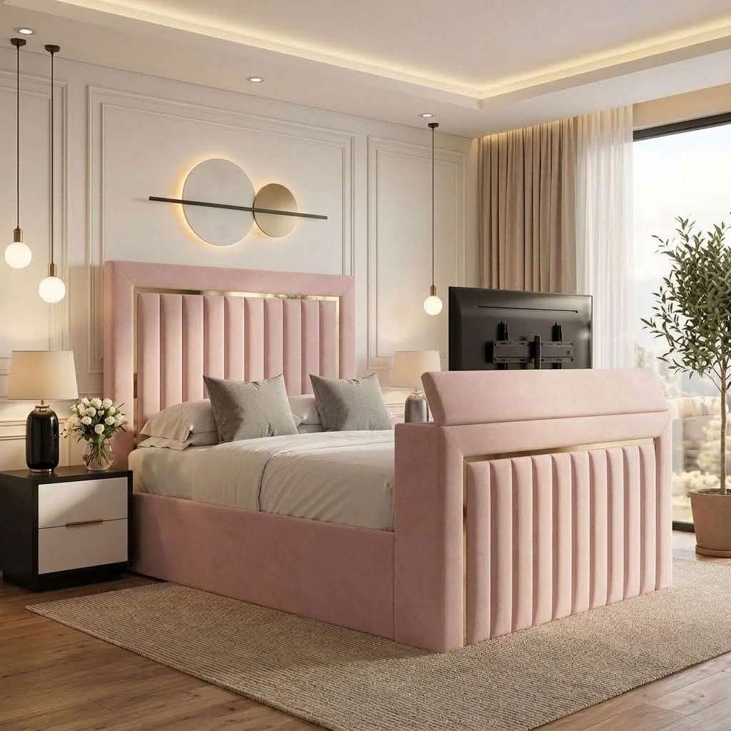 10915978556415161808 Luxury Golden Skyline Panel TV Bed – Luxury Upholstered TV Bed Frame with Built-In TV Lift - Image 1
