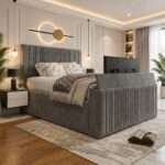 Luxury Thin Lines Panel TV Bed – Luxury Upholstered TV Bed Frame with Built-In TV Lift