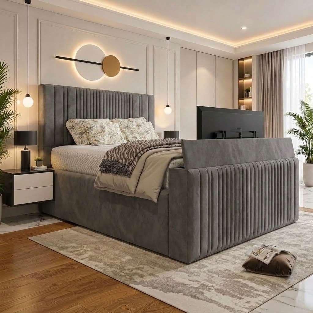 4c1293c0-38cb-4a60-805e-7fb396a10b08 Luxury Thin Lines Panel TV Bed – Luxury Upholstered TV Bed Frame with Built-In TV Lift - Image 1