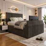 Luxury Thin Lines Panel TV Bed – Luxury Upholstered TV Bed Frame with Built-In TV Lift - Image 6