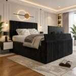 Luxury Thin Lines Panel TV Bed – Luxury Upholstered TV Bed Frame with Built-In TV Lift - Image 3