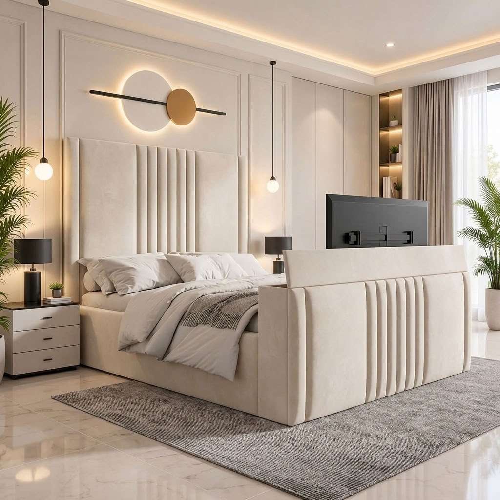 7936959145607709905 Luxury Hazel Panel TV Bed – Luxury Upholstered TV Bed Frame with Built-In TV Lift - Image 1
