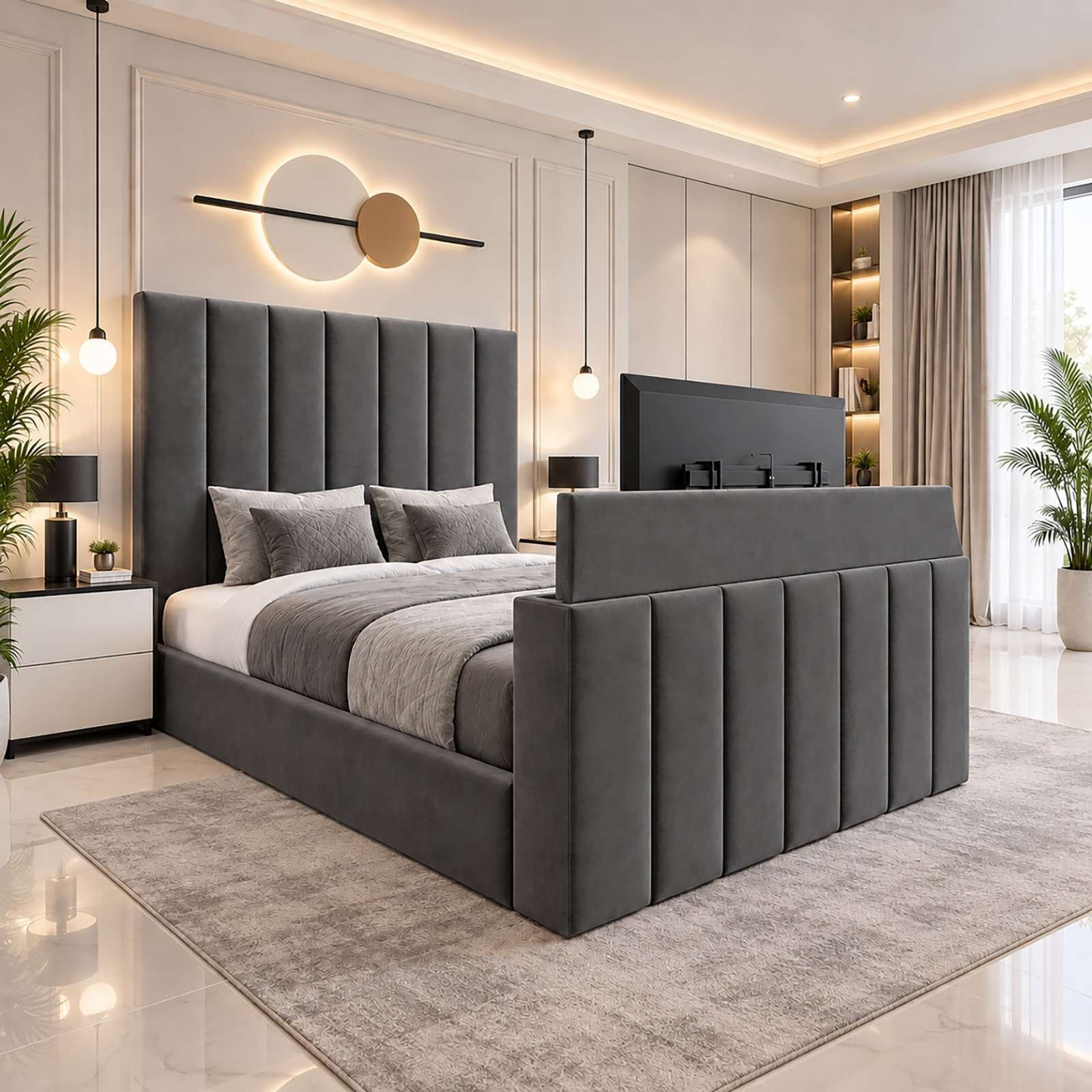 WhatsApp Image 2026-09-13 at 4.19.19 PM (1) Luxury Linestyle Panel TV Bed – Luxury Upholstered TV Bed Frame with Built-In TV Lift - Image 1